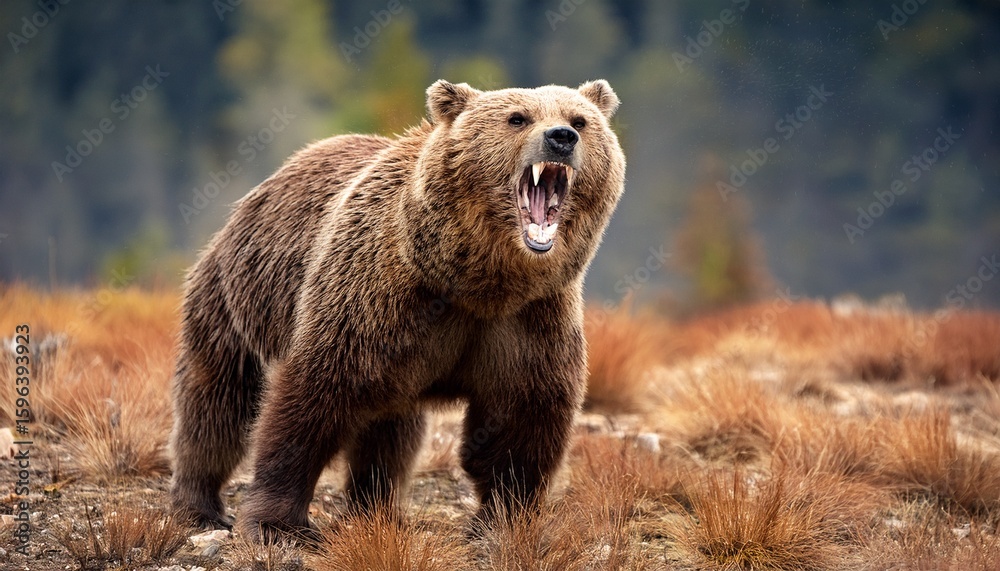 Obraz premium brown bear standing and showing claws and teeth roaring