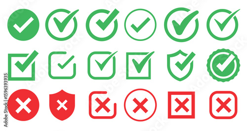 tick cross brush signs green checkmark ok red x icons isolated white backgrounded