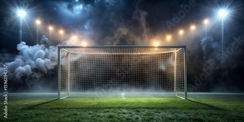 Nighttime Soccer Goal Illuminated by Stadium Lights and Enveloped in Misty Atmosphere