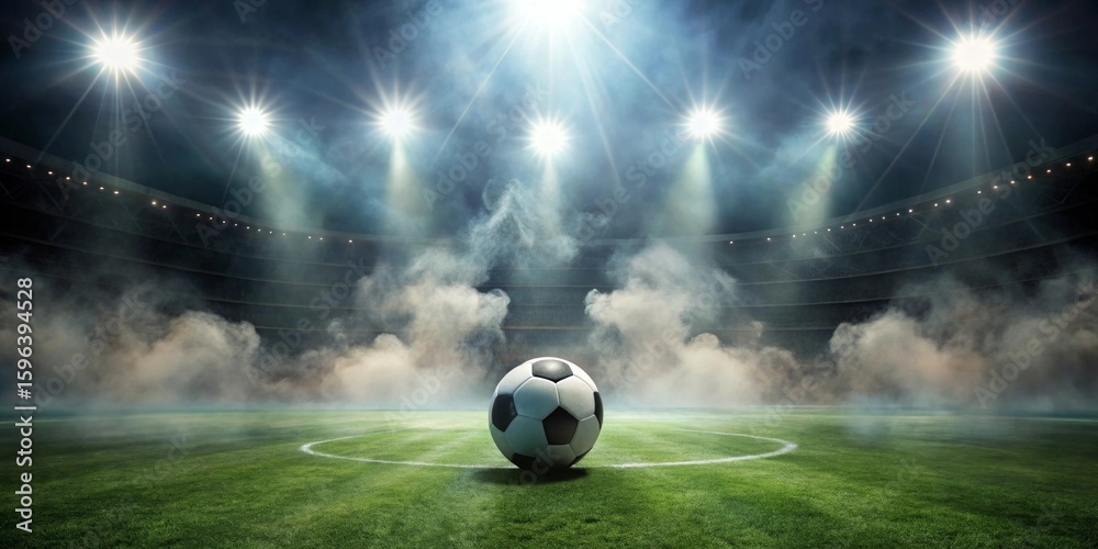 Fototapeta premium A solitary soccer ball rests on a verdant field, bathed in the ethereal glow of stadium lights and a mystical fog