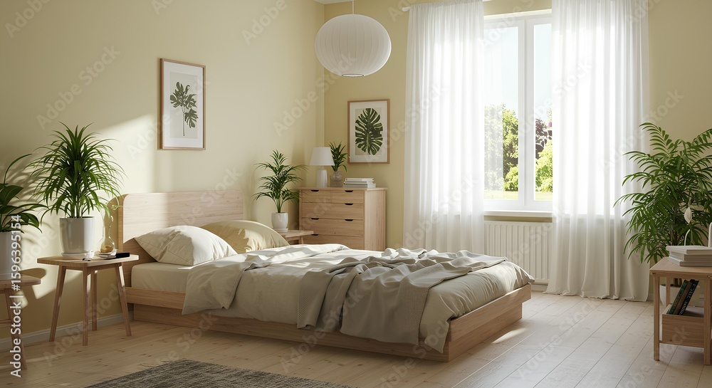Naklejka premium A serene bedroom interior showcasing natural light and calming decor.