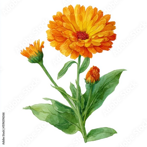 An artistic image of a vibrant calendula flower blossoming with leaves. The petals of the flower display warm shades of orange and yellow