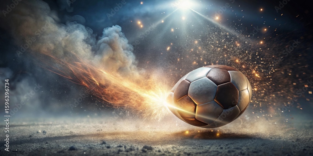 Fototapeta premium Fiery Soccer Ball Exploding with Intense Energy and Dramatic Light Effects on a Dusty Playing Field