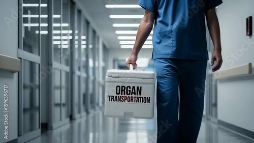 A healthcare professional in blue scrubs carries an organ transportation container down a hospital corridor during the daytime. The cooler is white and says organ transportation