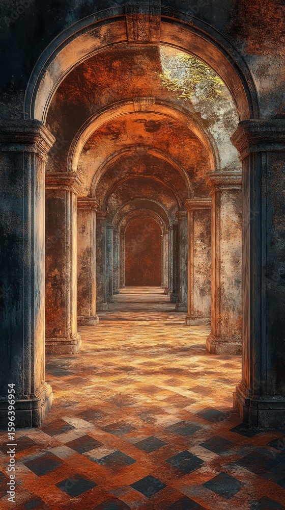 Fototapeta premium Ancient Arched Hallway with Columns and Patterned Floor