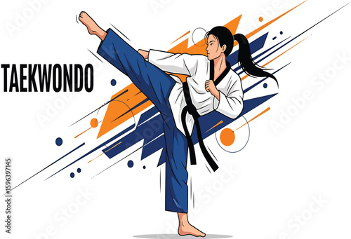 vector, illustration, young woman, taekwondo, 