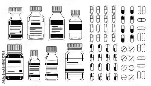 Medicine Bottles and Pills Collection, Medical Treatment Medication in Black and White, Vector Illustration