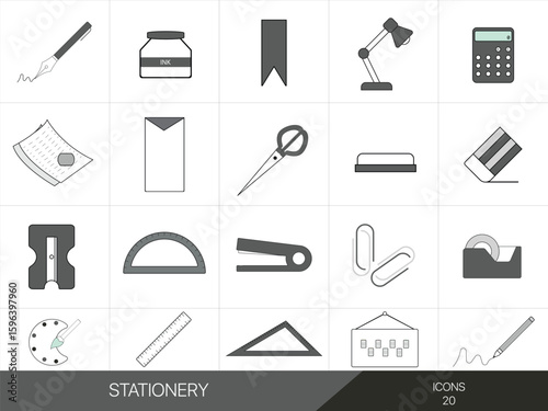 Collection of stationery and office supplies icons on a white background