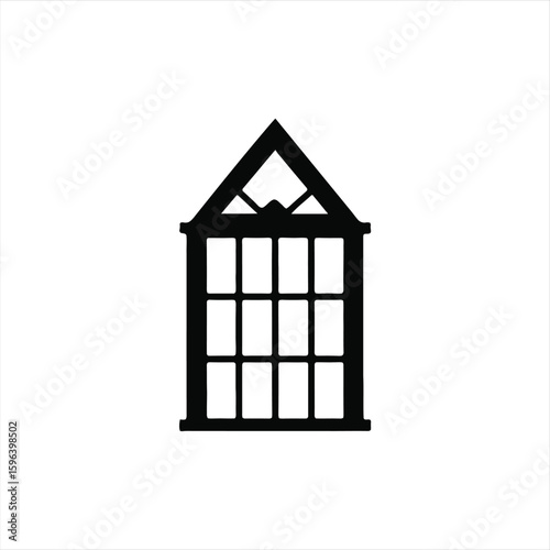 Black silhouette of a classic window with multiple panes and a triangular top section on a white background.