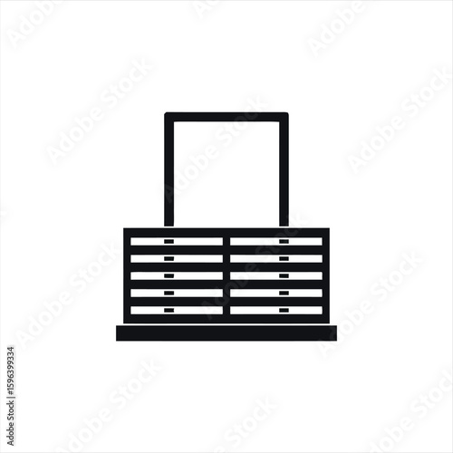 Black and white illustration of a dresser with a mirror, simple design.