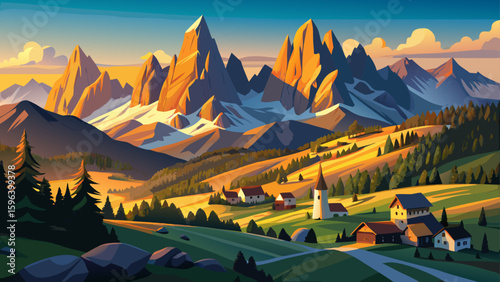 Famous Dolomites in South Tyrol, Italy, bathed in warm evening light. Panoramic peaks captured beautifully for semi-realistic vector art with white background to emphasize natural splendor.

