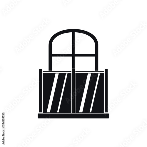 Black silhouette of an arched window with a balcony railing, featuring two reflective panels below, on a white background.