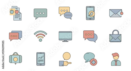 Collection of colorful communication icons depicting messaging, email, wifi, and mobile technology.