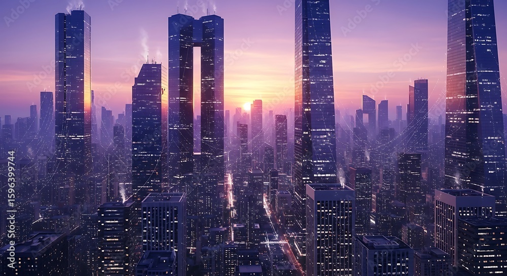 Fototapeta premium Cityscape Sunset: Futuristic Urban Dream in Purple Hues (AI Generated)