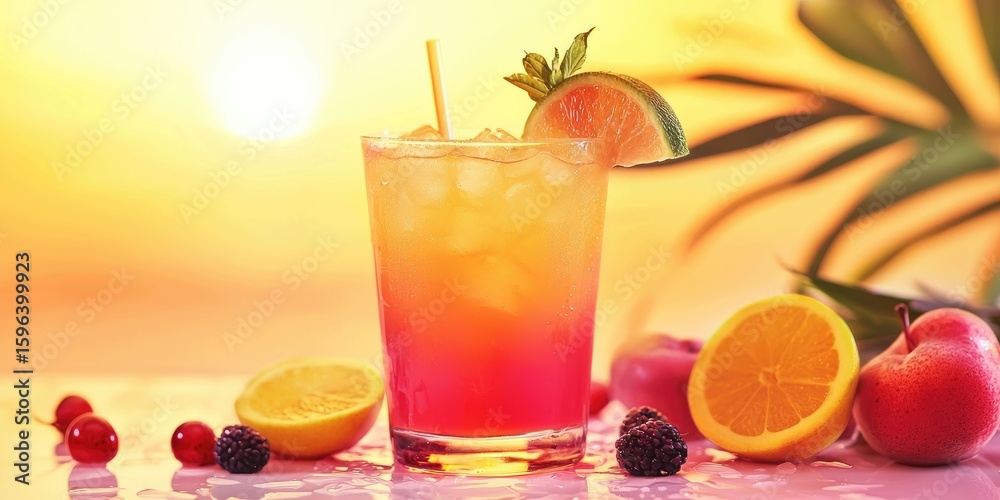 Fototapeta premium Tequila Sunrise PNG with glowing color transition and fruit accent