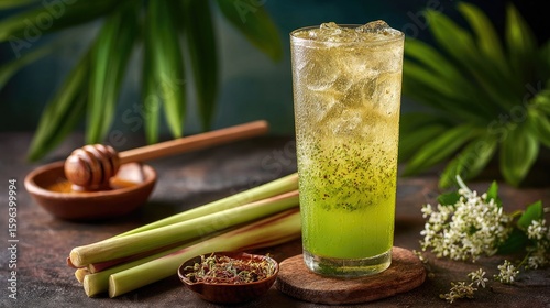 Sparkling Green Lemongrass Cocktail with Honey and Flowers