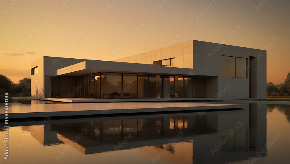 Fototapeta premium Modern concrete residence with expansive glass walls and tranquil water feature modern architecture concrete house
