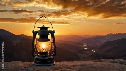 Glowing Lantern Over Mountain River at Sunset – Peaceful Wilderness Retreat