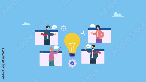 Business people colleague standing on web windows talking about new ideas. Online business discussion, business communication, work discussion or conversation to gathering new idea.