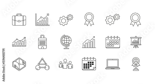 Collection of minimalist line icons depicting business growth, planning, teamwork, and achievement.