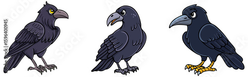 Set of 3 halloween black ravens or crows, cartoon clipart illustration 