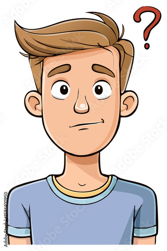 Portrait of a cartoon man with a confused look on his face and a question mark by his head, isolated