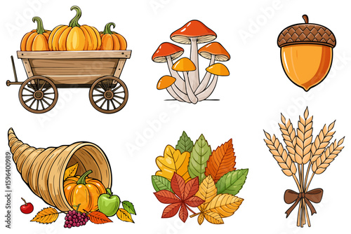 Autumn harvest clipart set with pumpkins in a wooden cart, mushrooms, a acorn, a cornucopia, autumn leaves and wheat bundle 