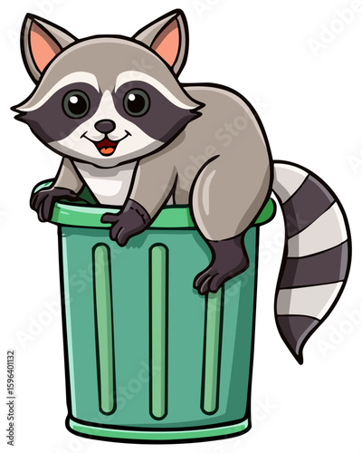 Cute raccoon climbing out of a green trash can clipart