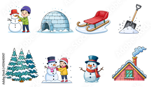 Winter clipart collection with snowmen, children, an igloo, a sled, snow shovel and snow covered roof and trees