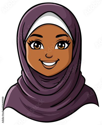 Cartoon portrait of a young smiling woman wearing a hijab, isolated 