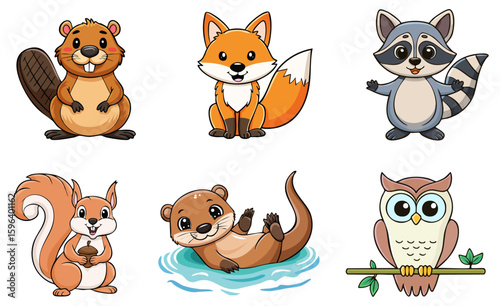 Set of cartoon woodland animals, isolated 