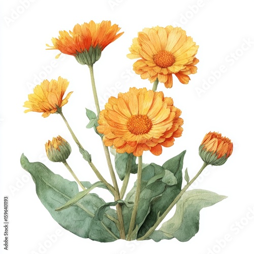Beautiful vibrant watercolor painting of calendula flowers. The blossoms display a rich orange hue and are surrounded by lush green leaves.