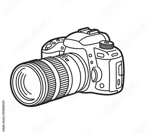 Hand drawn illustration of a professional dslr camera with a zoom lens