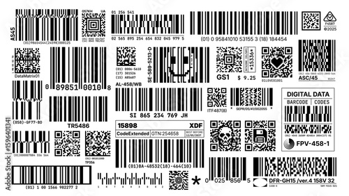Futuristic set of barcode, QR code and Data Matrix labels in black and white, styled in sci-fi and Y2K aesthetics