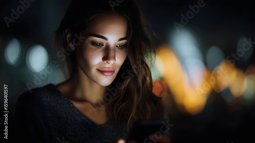 Focused businesswoman reviews data on mobile device in moody lighting