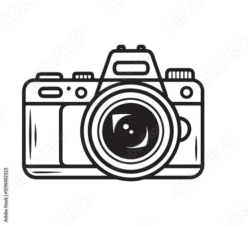 Hand drawn illustration of a modern dslr camera with a large lens