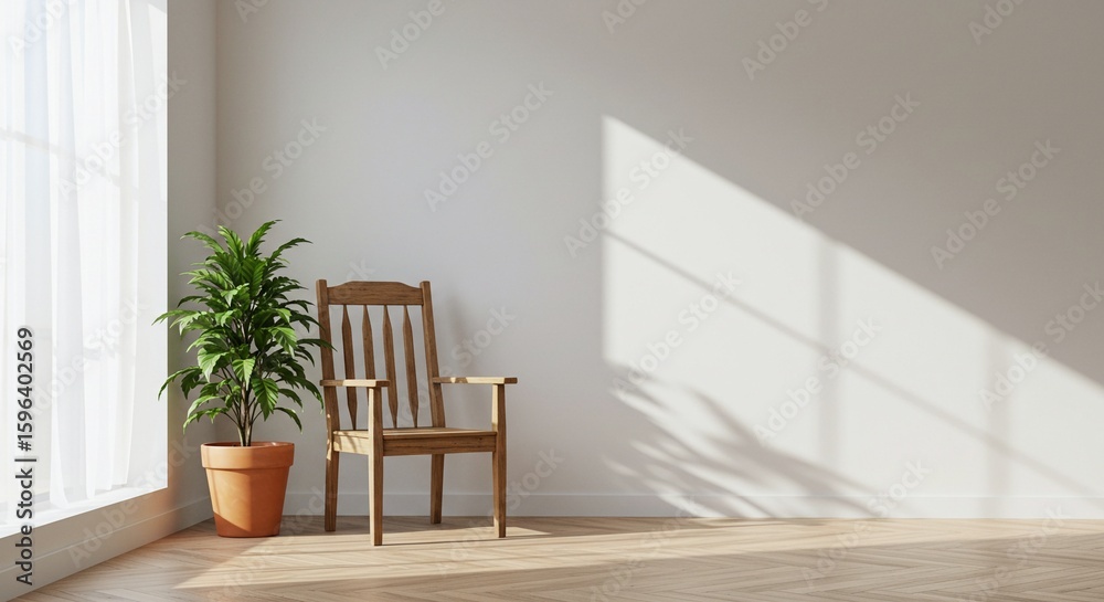 Fototapeta premium Minimalist Interior with Wooden Armchair, Plant, and Sunlight through Window