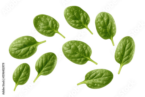 Fresh spinach leaves falling on transparent background
