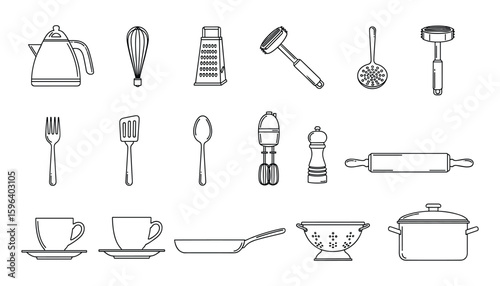 Set of Outline Kitchen Utensils Kettle, Whisk, Grater, Spoon, Cup, Pan, Colander, Pot Vector Illustration