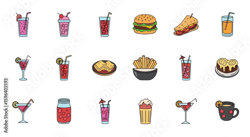 Colorful cartoon icons of various food and drinks, including burgers, fries, cakes, and assorted beverages.