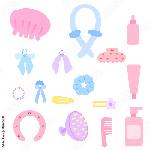 set of hair care and hair accessories stickers in hand drawn style