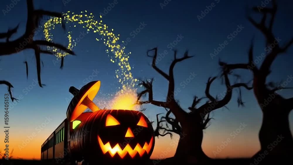 Mysterious Halloween Train: A whimsical Halloween scene depicts a train with a jack-o'-lantern as its engine, releasing a stream of glowing light against a dark sky and spooky trees. Mysterious Halloween Train: A whimsical Halloween scene depicts a train with a jack-o'-lantern as its engine, releasing a stream of glowing light against a dark sky and spooky trees.