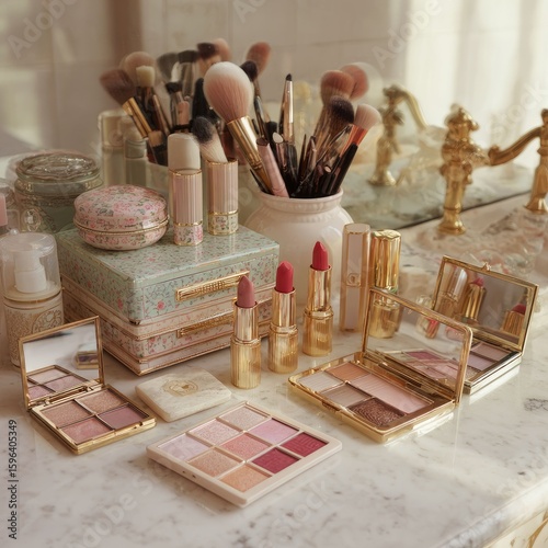 Aesthetic makeup setup with neatly arranged palettes and lipsticks