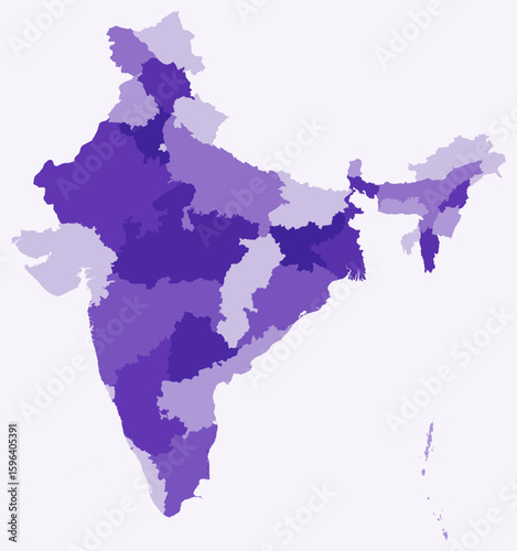 Map of India with states. Just a simple country border map with state division. Deep purple color palette. Flat India shape with administrative division. Vector illustration.