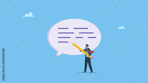 Businessman writing message on speech bubble. Written communication, writing email skill to success, communicate with text or message, understanding or effective handwriting manuscript.