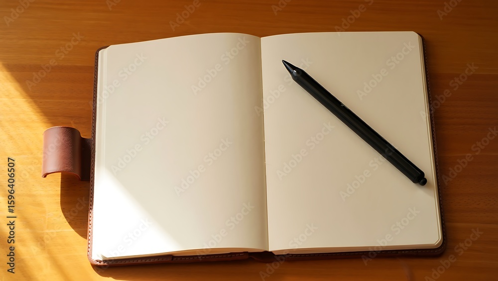 Open notebook with pen on wooden surface writing blank pages Open notebook with pen on wooden surface writing blank pages