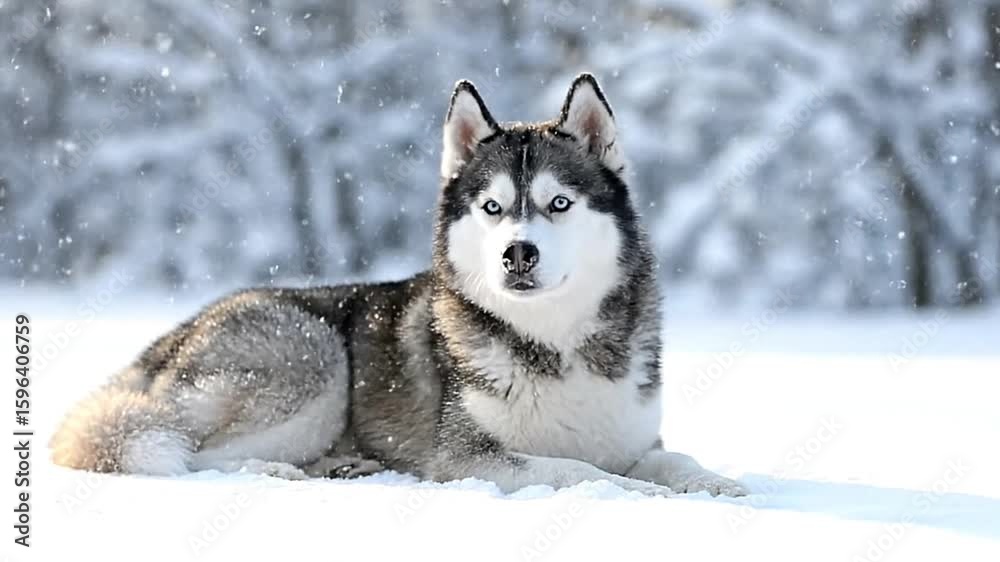 Husky rests in snow gazing forward with blue eyes Trees visible blurred in the background amidst falling snow Husky rests in snow gazing forward with blue eyes Trees visible blurred in the background amidst falling snow