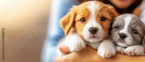 Two adorable puppies being lovingly held.