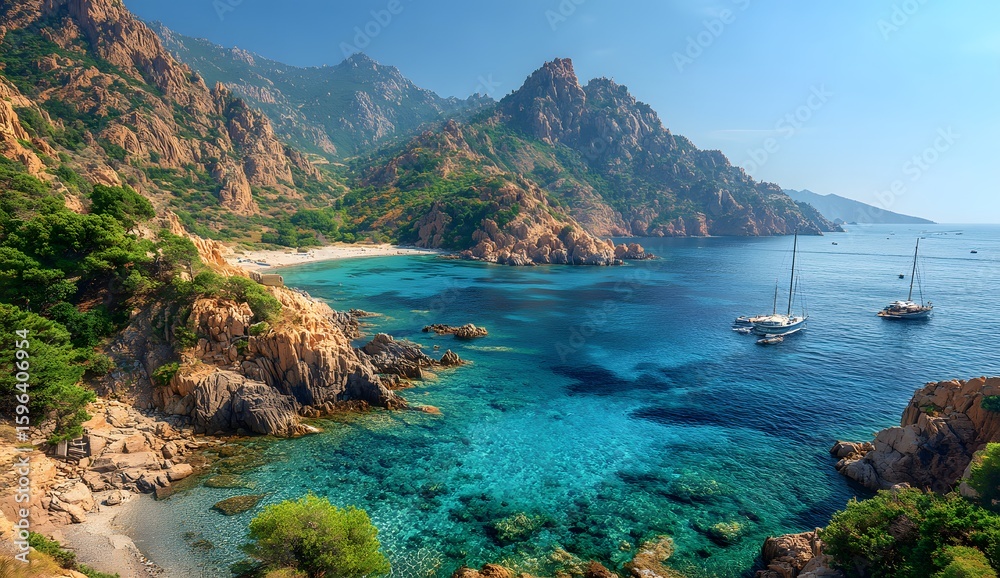 Fototapeta premium Peaceful Coastal Vista Serene Waters Verdant Mountains