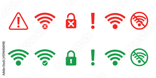 Wifi Connection Status Icons Set, Green and Red Wireless Internet Access Symbols, Vector Illustration